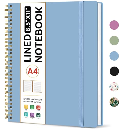 Taja Spiral Lined Notebook, 8.5"x11" Notebooks for Work, Large A4 Journal for Women & Men, College Ruled Journaling Notebook for Writing, Plastic Cover Spiral Journal, Blue