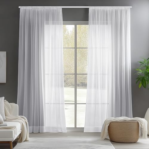 Deconovo Voile Vorhang Schlafzimmer Übergardinen mit Kräuselband Weiß | 2er Set, H 245 x B 140 cm, Voile Gardine Durchsichtig, für Schienensystem, für Küche Badezimmer Fenster, Woh