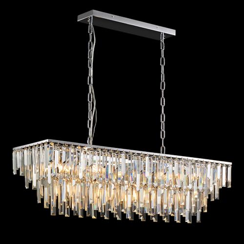 Modern Chrome Rectangle Crystal Chandelier: 2-Tier 39" Long Rectangular Linear Luxurious Lights Fixture over Dining Table - Silver Elegant Contemporary Large Living Room Kitchen Island Chand