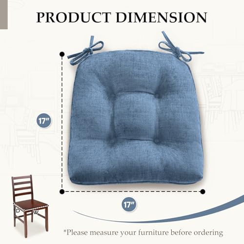 HARBOREST Chair Cushions for Dining Chairs Set of 6 - Chenille Tufted Kitchen Chair Cushions with Ties and Non-Slip Bottom, Foam Chair Pads for Dining Chairs, 17" x 17", Blue by HARBOREST - Image 2