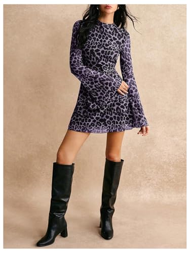 Image of BEAUDRM Women's Y2k Leopard Print Sheer Mesh Mini Dress Bell Long Sleeve Short Dresses