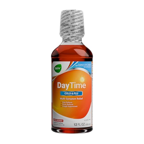 AXIV Daytime Multi-Symptom Day Relief for Cold Cough and Flu Symptom Non-Drowsy Alcohol Free Cold & Flu Relief Liquid Medicine 12 FL OZ