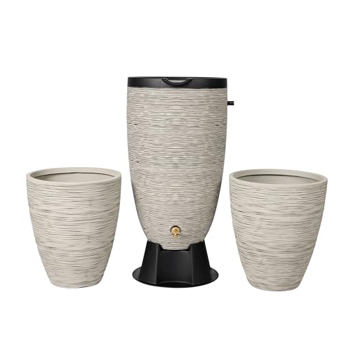 Image of Newport 50‑Gallon Flat‑Back Rain Barrel with Stand & Planter Bundle - Slate | Removable Lid, UV-Stabilized Outdoor Water Storage