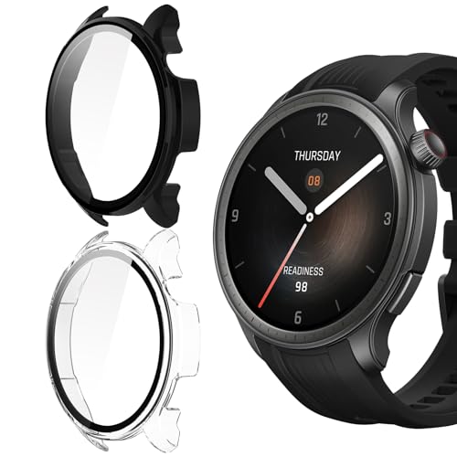 LuFiYa 2枚 セット ケース Amazfit Balance 用 強化ガラス フィルム 保護 カバー スマートウォッチ ケース PC素材 強化ガラス 一体型 軽量 超薄型 カバー 耐衝撃 全面カバー ケース Amazfit Balance 対応 (ブラック + クリア)