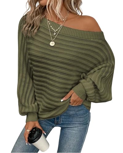 ZAFUL Womens Fall Sweaters Off The Shoulder Batwing Sleeve Textured Knit Tops Oversized One Shoulder Sweater Army Green M