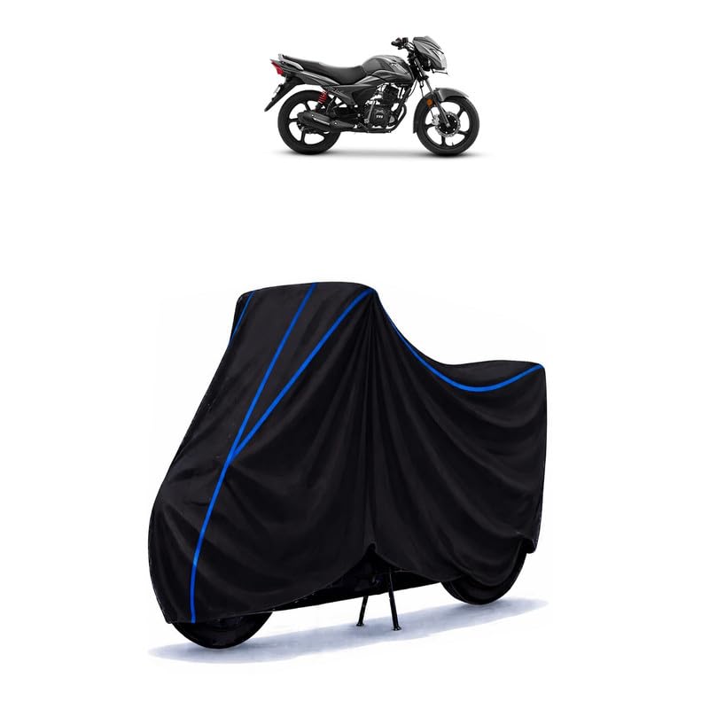 Image of TVS Victor Disc SBT BS4 Bike Cover Water Resistant Universal Motorcycle Rain | Heavy Duty UV Protection, Dust, Scratch Indoor Outdoor All Weather with Black Blue Piping Elastic