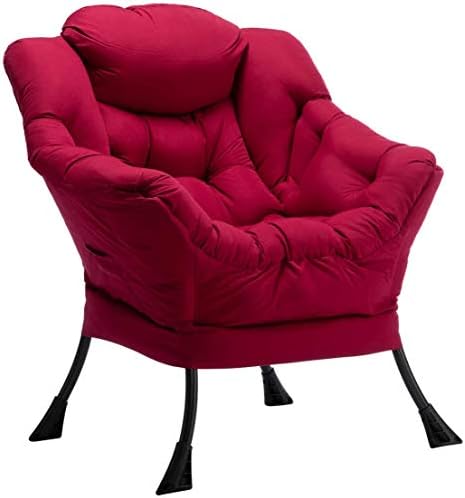 AcozyHom Modern Cotton Fabric Lazy Chair, Accent Contemporary Lounge Chair, Single Steel Frame Leisure Sofa Chair with Armrests and A Side Pocket, Thick Padded Back, Burgundy