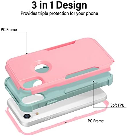 Kabibin Case for iPhone Xr,Protective Phone Case 3 in 1 Heavy Duty Full Body Defender Rugged Rubber Shockproof Durable Hard Cover for Women Girls 6.1 inch (Pink/Grayish Green)
