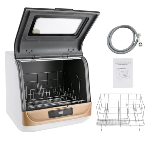 DAOHHFO Mini lave-vaisselle de table, autonome, 5 programmes, plan de travail, pas d'installation, 5 l d'eau nécessaire, équipé de tuyaux d'alimentation et de vidange