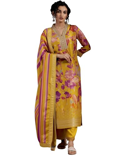 Image of Libas Womens Printed Silk Blend Straight Kurta With Trousers and Dupatta | daily wear suit