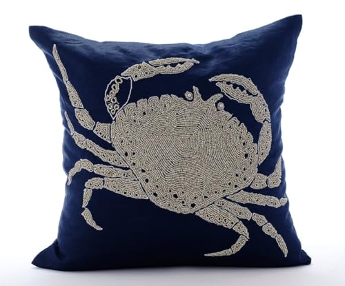 The HomeCentric Navy Blue Cushion Covers, Beaded Crab Sea Creatures Ocean and Beach Theme Pillows Cover, Pillow Covers 18x18 inch (45x45 cm) Cotton Linen Floral Mediterranean - Crab at The Shore