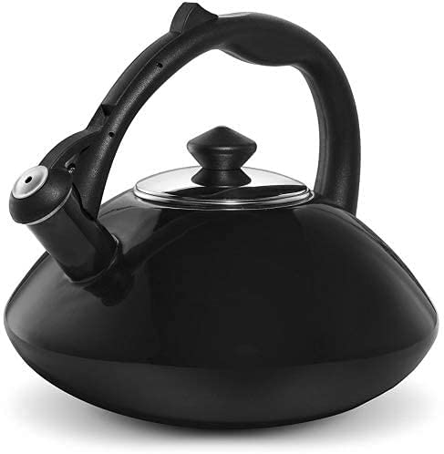 Osaka, Enamel Coated Tea Kettle - Large 3 Quart Capacity Tea Kettle "Kobe Port Tower" (Black)
