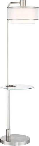 Miniatura 9 de Possini Euro Design Vogue - Moderna lámpara de pie con mesa de vidrio templado de 60 pulgadas de alto, níquel cepillado blanco, lino plateado,