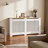 FATIVO Cubre Radiadores Blanco Moderno: 152x20x83cm Cubre Radiador de MDF, Cubreradiador con Estante de Veta de Madera, Consola Auxiliar para Salón y Pasillo, Diseño Reforzado y Duradero
