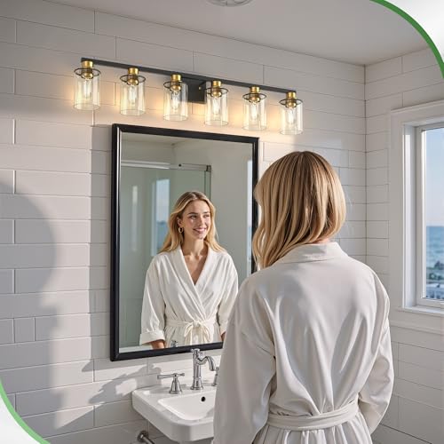 Image of DORESshop 6-Light Black and Gold Bathroom Light Fixture Over Mirror