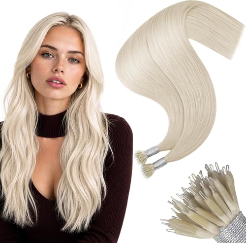Image of Moresoo Nano Hair Extensions Human Hair, White Blonde, 16 Inch | 50g 50 Strands, Nano Bead Extensions, Low Visibility Attachment, Comfortable Wear for Everyday Blonde Hair Styling