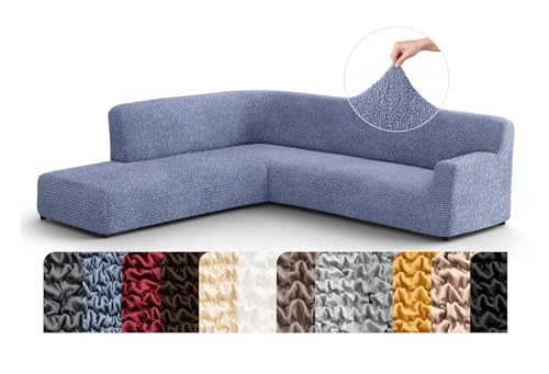 PAULATO BY GA.I.CO. Sectional Sofa Cover with Ottoman - Stretch Corner Sofa Cover - Corner Couch Protector - Couch Slip Cover - Durable Sofa Slipcovers - Microfibra - Blue (Left Open End Sectional)