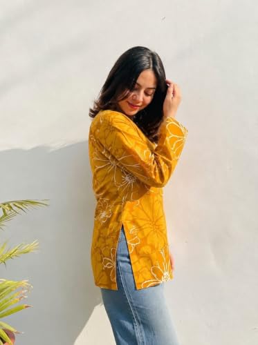 Image of Women Rayon Printed Short Kurti for Women | Floral V Neck Short Kurta Top | Full Sleeve Casual Kurti for Girls & Women