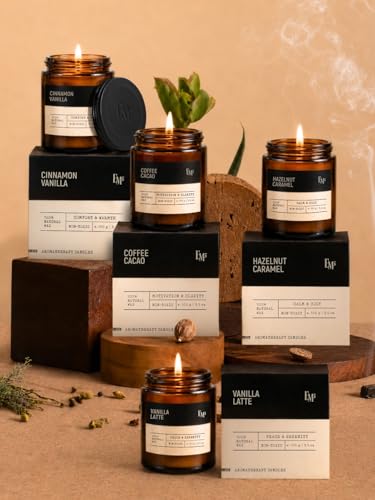 Image of EM5 Gourmand Scented Candles Set of 4 | Aromatherapy Candles for Home Fragrance | Vanilla Latte, Coffee Cacao, Hazelnut Caramel & Cinnamon Vanilla | Natural Wax | Smokeless Clean Burn | 40 Hrs Each