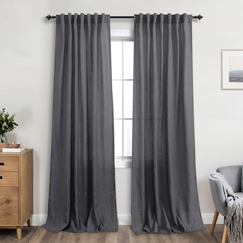 Dark Grey Curtains 84 Inch Length 2 Panels Set for Living Room,Sheer Linen Light Fitering Boho...