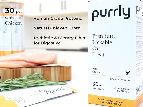 Image of Purrly Lickable Wet Cat Treats Creamy Puree Human-Grade Chicken Breast with Prebiotic and Dietary Fiber for Digestive Health (30 Count) Non-GMO No-Grains No-Artificial-Additive All Ages Low-Phosphorus