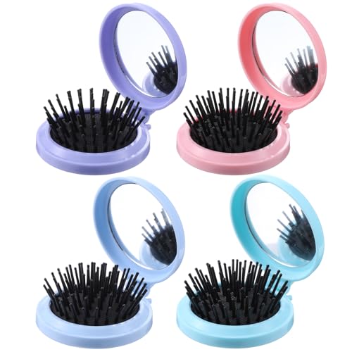 Wanmu 4 Pcs Folding Travel Mirror Hair Brushes, Portable Round Pop up Pocket Brush, Mini Compact Travel Size Hair Massage Comb for Women Girls Wet Dry Hair (Pink, Blue, Green, Purple)