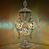 mozaist 3 Globe Turkish Mosaic Table Lamp, Stained Glass Tiffany Style Moroccan Desk Light, Handmade