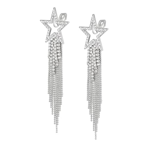 EVER FAITH Star Tassel Clip-on Earrings for Women, Rhinestone Crystal Long Waterfall Beaded Fringe Chandelier Dangle Drop Statement Earring Wedding Party Jewelry2