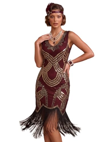 Women's 1920s Gatsby Dress V Neck Sequin Beads Cocktail Dress (XL,BurgundyGold)