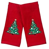 Serafina Home Christmas Bathroom Fingertip Towels β Set of 2 Red 100% Cotton Embroidered Green Christmas Tree with Gold Star & Ornaments β 18 x 12β Decorative Bath & Kitchen Towels