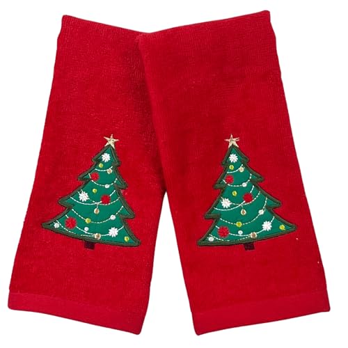 Christmas Red Guest Fingertip Bathroom Towels, Festive Tree, 12x18"