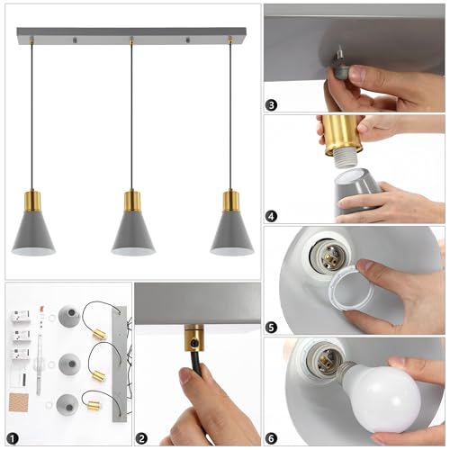 Image of JONATHAN Y Apollo Mid-Century 3-Light Pendant 33.5 inch, White /Brass Gold | Modern, Adjustable Height, Metal Cone Shade, Kitchen Island, Hallway, UL Listed, Slope-Compatible, LED Bulb Included