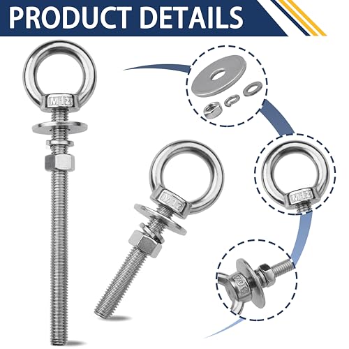 Image of 8 Pack M12 Stainless Steel Eye Bolts with Nuts, 1 /2 inch x 4 inch Eye Bolts | 304 Stainless Steel Eye Bolt,Eye Bolts Heavy Duty for Hang Tie Down Outdoor,1 /2 eye bolts with nuts,m12 eye bolts