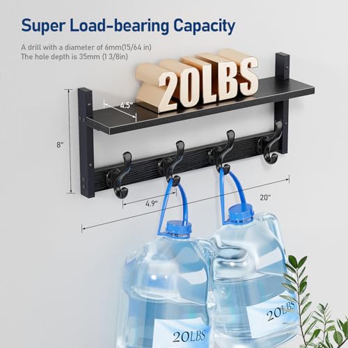 Image of Tatub 20 inch Rustic Coat Rack Wall Mount with Shelf, Wall Hooks with Shelf, Heavy Duty Entryway Organizer Hangers for Hanging, Hat, Bag, Jacket for Bathroom, Living Room, Bedroom, Black