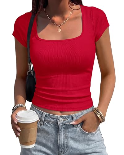 BTFBM Women Short Sleeve Tops Square Neck Ribbed Knit Basic Tee Shirt Y2K Casual Summer Clothes 2026 Spring Outfits(Red, XX-Large)