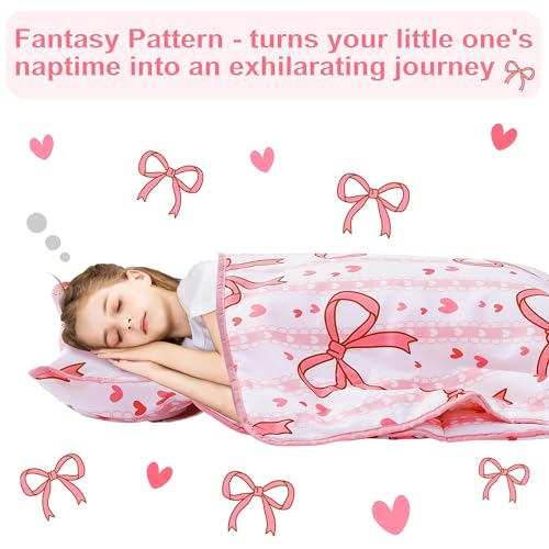 Image of Viviland Toddler Nap Mat, Rolled Sleeping Mats with Pillow and Minky Dot Blanket for Girls, Kids Slumber Bag Nap Mat for Preschool, Daycare, Kindergarten, Travel Camping - Pink Bow
