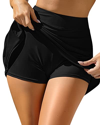 Anfilia Women's Black Bathing Suit Bottom High Waisted Tummy Control Quick Dry Swim Skirt #TOP3