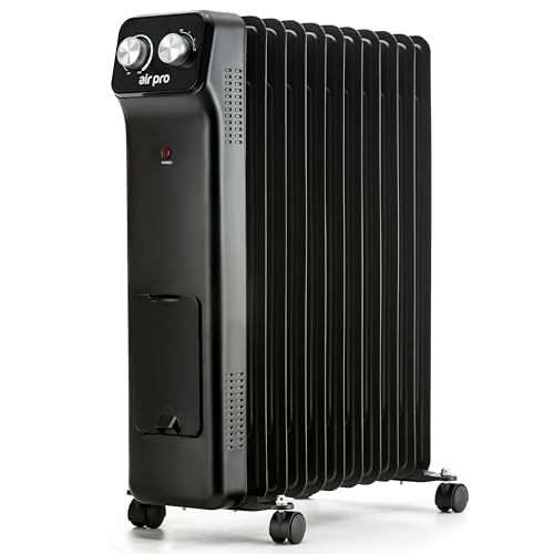 Air Pro Oil Filled Radiator 2500W with Adjustable Thermostat 11 Fin Portable Electric Heater 3 Heat Settings Overheat & Tip-Over Protection Quiet for Home Office and Any Room Radiator on Wheels