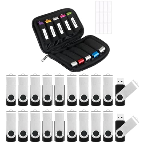 Flash Drive Case USB Storage Case with 2GB USB Flash Drives 20 Pack, Portable Travel Electronics Bag USB Memory Stick Holder Computer Accessories Small Carrying Case with 12 Flash Drive Labels