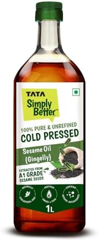 Tata Simply Better Pure & Unrefined Cold Pressed Sesame (Gingelly) Oil,Naturally Cholesterol Free,1L,Sesame Oil with Rich Aroma & Flavour of Real Sesame Seeds,For Daily Cooking with Multipurpose Usage