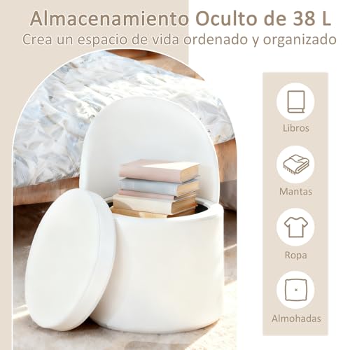 COSTWAY Puff Almacenaje Redondo de 38L, 49 x 48 x 68 cm, Taburete Tocador Tapizado con Tapa Extraíble, Respaldo, Asiento Acolchado de Espuma, Reposapies para Salón, Sofá, Entrada, Carga 150 kg, Blanco - imagen 6
