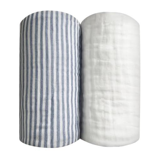 Image of Blue Striped Muslin Baby Blanket, Ultra Soft Cotton Swaddle 43x43 in | Jacquard Breathable For Babies and Toddlers Boys Newborn White
