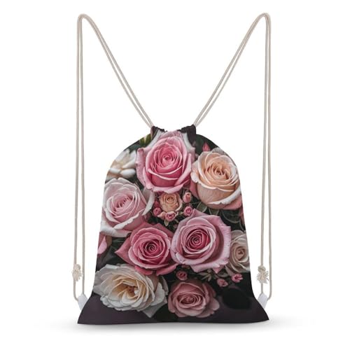 Canvas Drawstring Backpacks Cute Rose Mix Leopard Sports Gym Pull String Bags Lightweight for Men Women