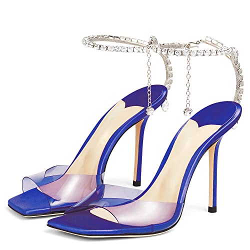 Women's Heeled Sandals Crystal Chain Ankle Strap Rhinestone Buckle Square Open Toe Stiletto High Heels Wedding Party Satin Dress Shoes2