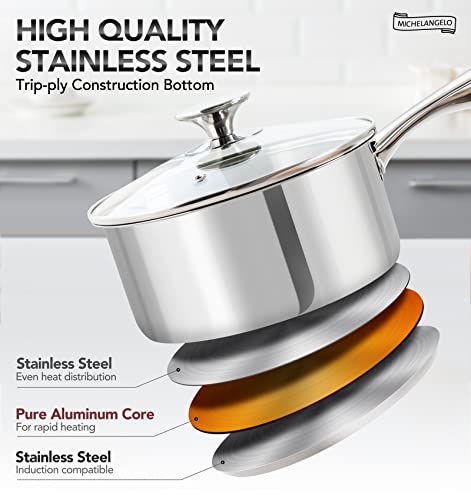Michelangelo Stainless Steel Saucepan Set With Lids 1Qt & 2Qt & 3Qt, Stainless Steel Sauce Pot Set 6Pcs, Induction Saucepans, Nonstick Sauce Pan Set, Dishwasher Safe #TOP3