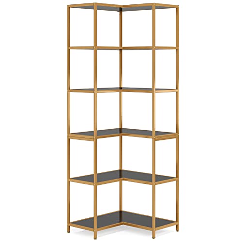 Tribesigns 6-Shelf Corner Bookshelf, 70.9" Tall L-Shaped Corner Bookcase Large Etagere Book Shelving Unit Corner Shelves Stand Storage Display Rack With Metal Frame For Living Room Office, Black Gold #TOP7