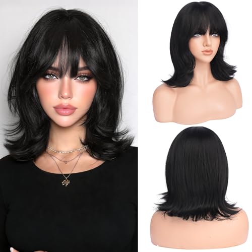 Haloo Black Short Bob Wigs with Bangs Shoulder Length Wavy Layered Flipped Ends Natural Looking Medium Synthetic Hair Wig for Women Daily Party 14 Inch Natural Black