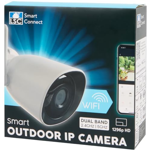 LSC Smart Connect Caméra Surveillance Extérieure WiFi - 1296p HD - Dual Band 2.4/5GHz - Vision Nocturne & Détection de Mouvement - Audio Bidirectionnel - IP Résistant aux Intempéries (Blanc)