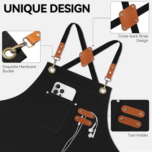 Riqiaqia Canvas Kochschürze für Herren und Damen, Kreuz zurück Heavy Duty Arbeit Baumwolle Schürze mit verstellbaren Trägern und großen… – Ansicht 3