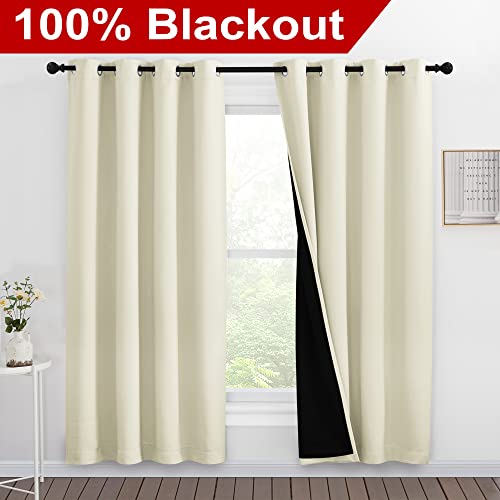 Image of NICETOWN Living Room Completely Shaded Draperies, Privacy Protection & Noise Reducing Ring Top Drapes, Black Lined Insulated Window Treatment Curtain Panels (Beige, 2 Pieces, W55 x L78)